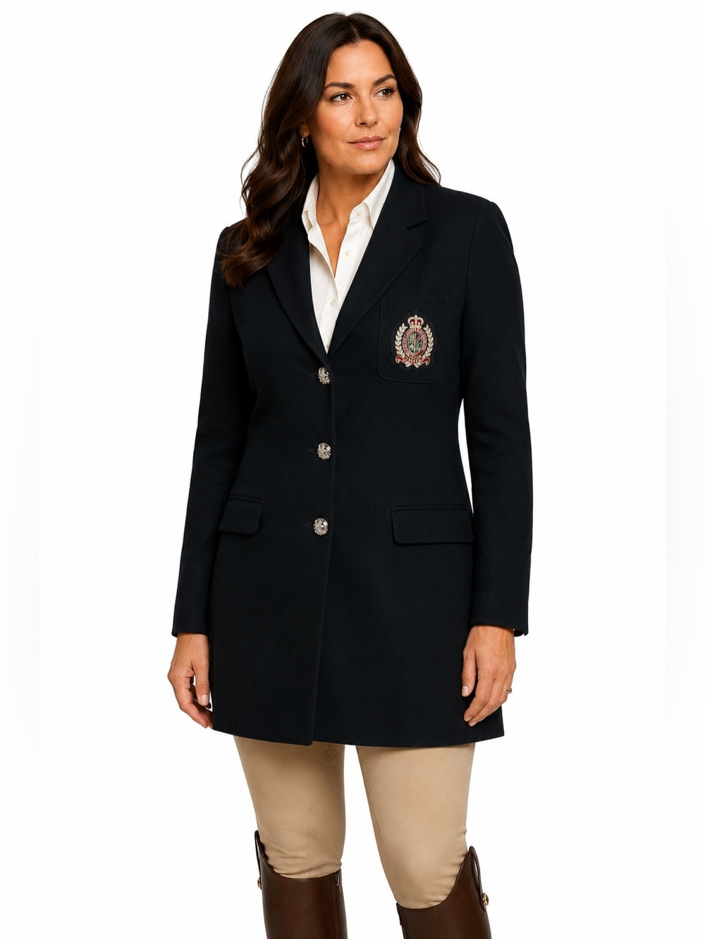 VINTAGE Lauren Ralph Lauren Crown Crest Wool Longline Blazer Size 16 Black